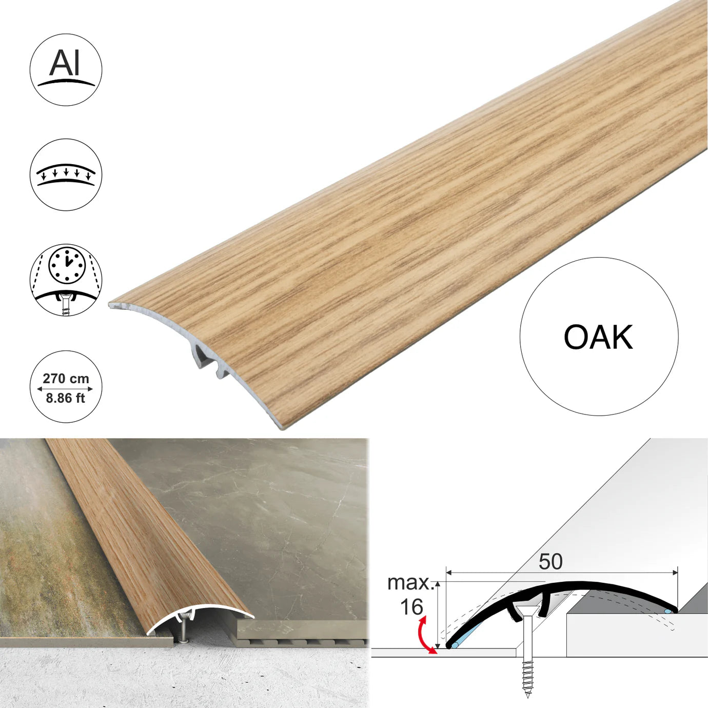 A65 50mm Heavy Duty Aluminium Wood Effect Door Threshold Strip – No Visible Screws