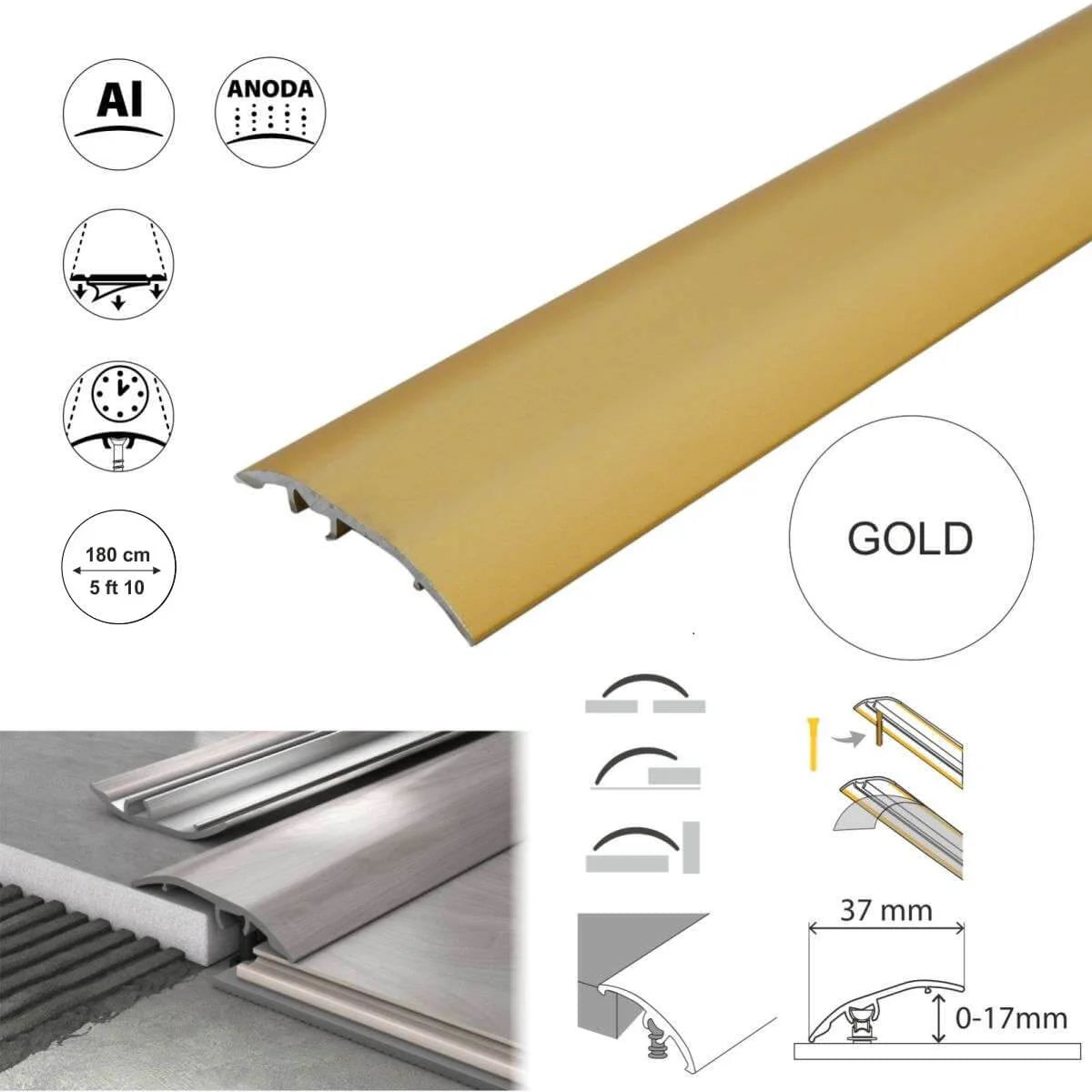 Aluminium Floor Edging Strip Door Threshold Adjustable for Smooth Floor Transitions S16