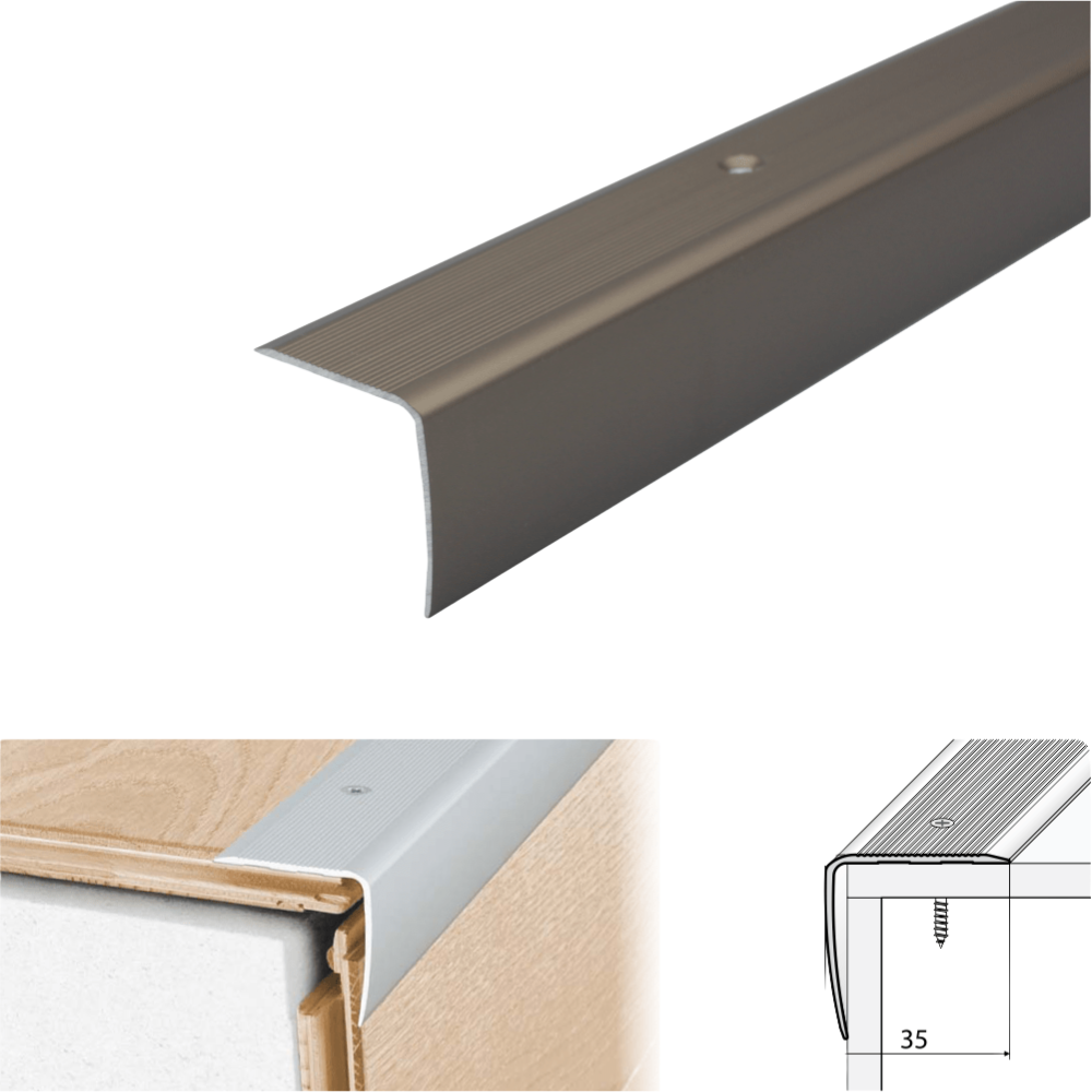 A41 35 x 35mm Anodised Aluminium Non Slip Ribbed Treads Stair Nosing Edge Trim