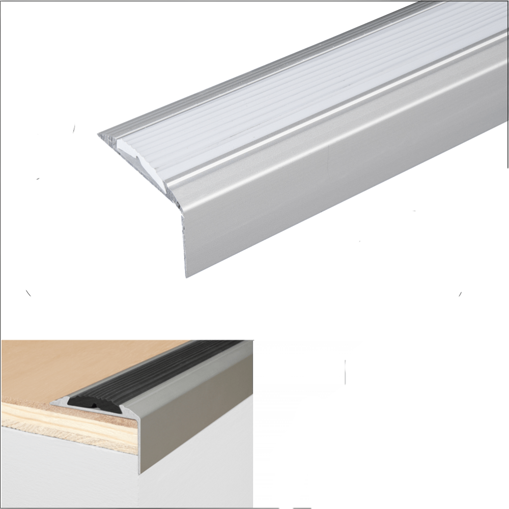 A38 46 x 30mm Anodised Aluminium Non Slip Rubber Stair Nosing Edge Trim