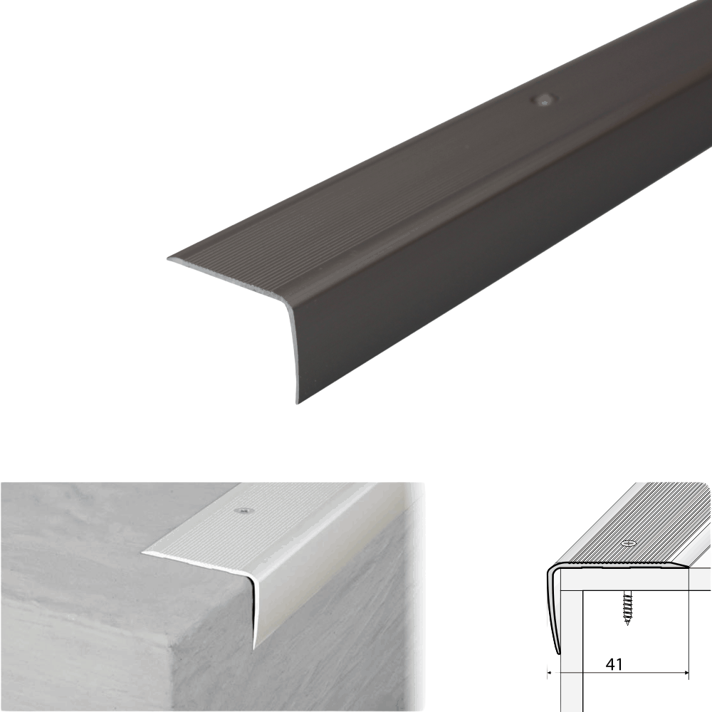 A42 41 x 26.6mm Anodised Aluminium Non Slip Ribbed Treads Stair Nosing Edge Trim