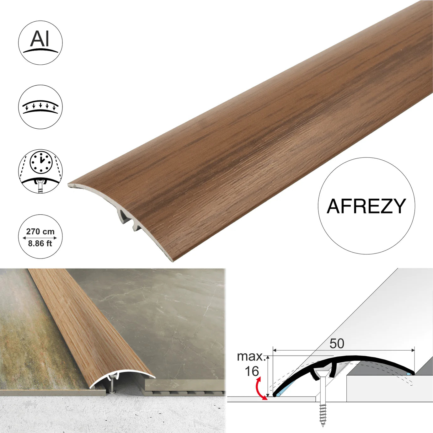 A65 50mm Heavy Duty Aluminium Wood Effect Door Threshold Strip – No Visible Screws