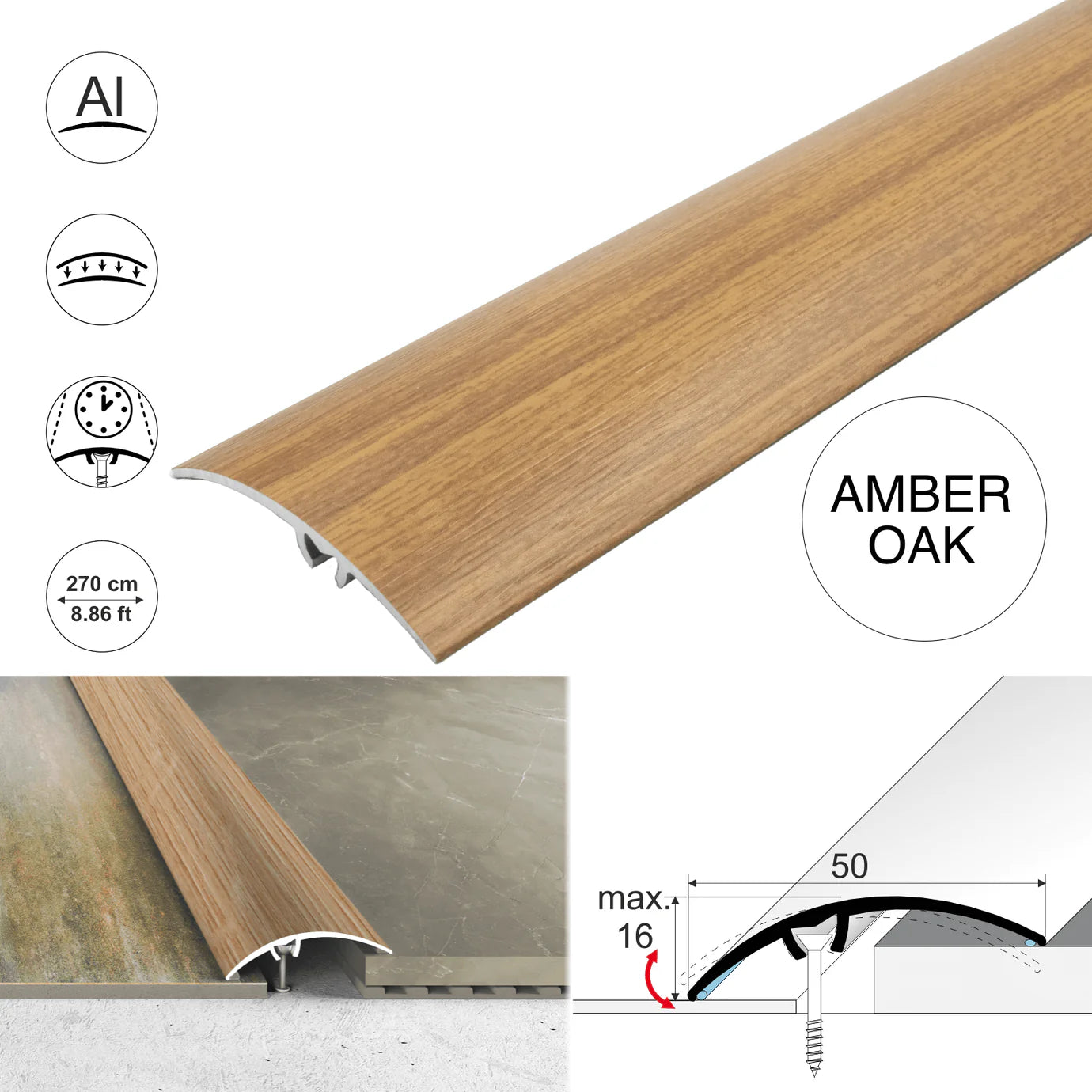 A65 50mm Heavy Duty Aluminium Wood Effect Door Threshold Strip – No Visible Screws