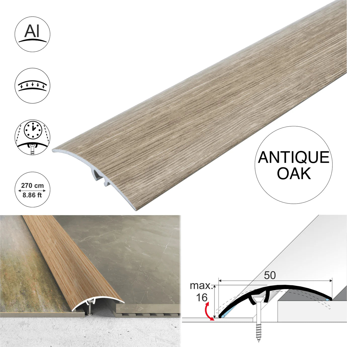 A65 50mm Heavy Duty Aluminium Wood Effect Door Threshold Strip – No Visible Screws