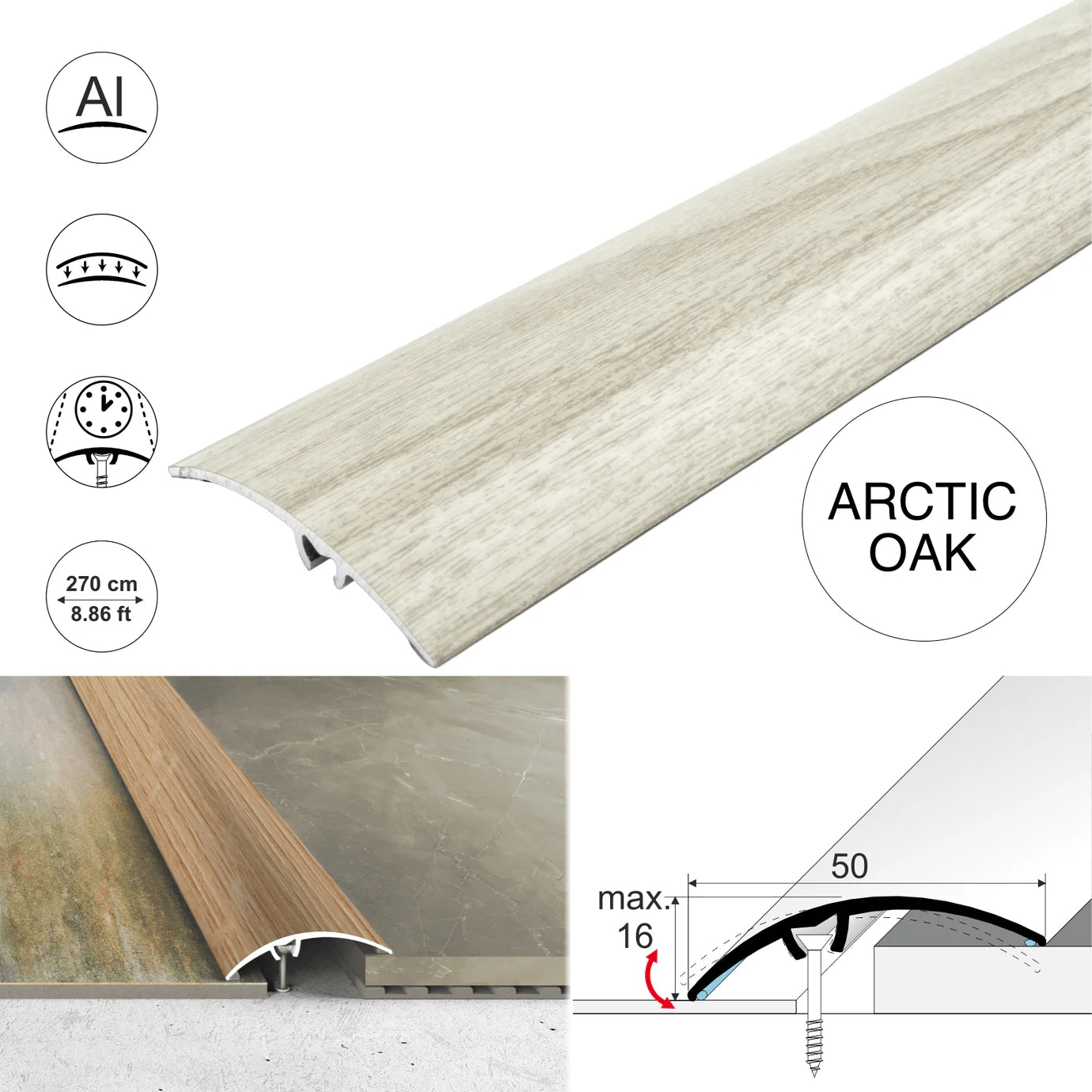 A65 50mm Heavy Duty Aluminium Wood Effect Door Threshold Strip – No Visible Screws