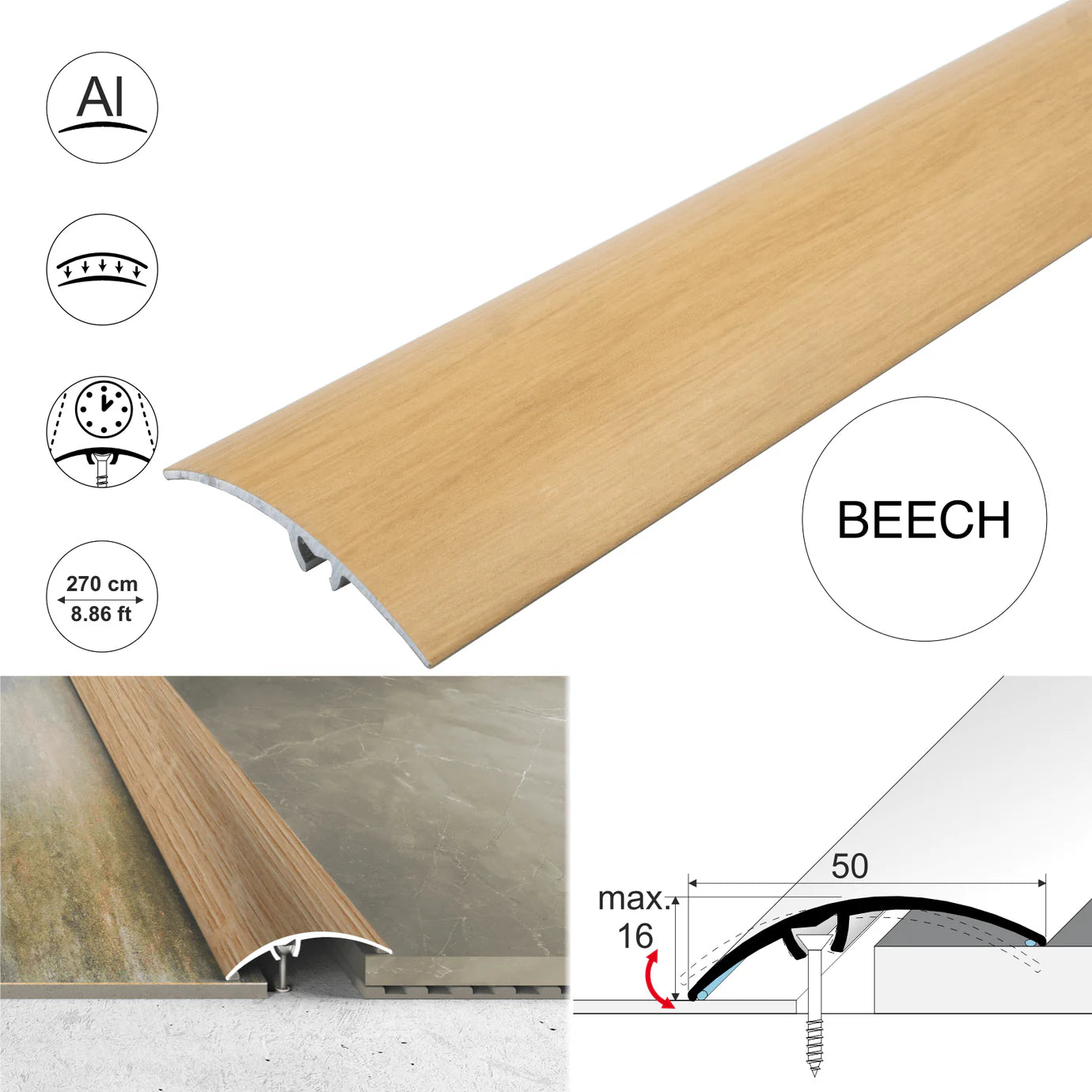 A65 50mm Heavy Duty Aluminium Wood Effect Door Threshold Strip – No Visible Screws