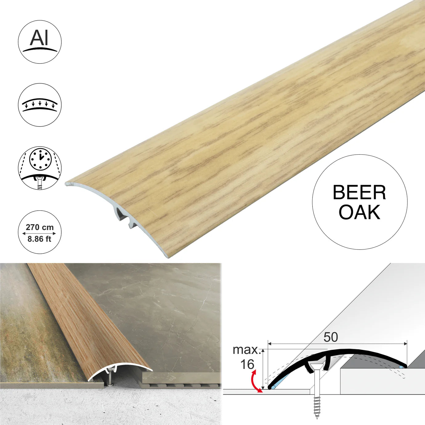 A65 50mm Heavy Duty Aluminium Wood Effect Door Threshold Strip – No Visible Screws