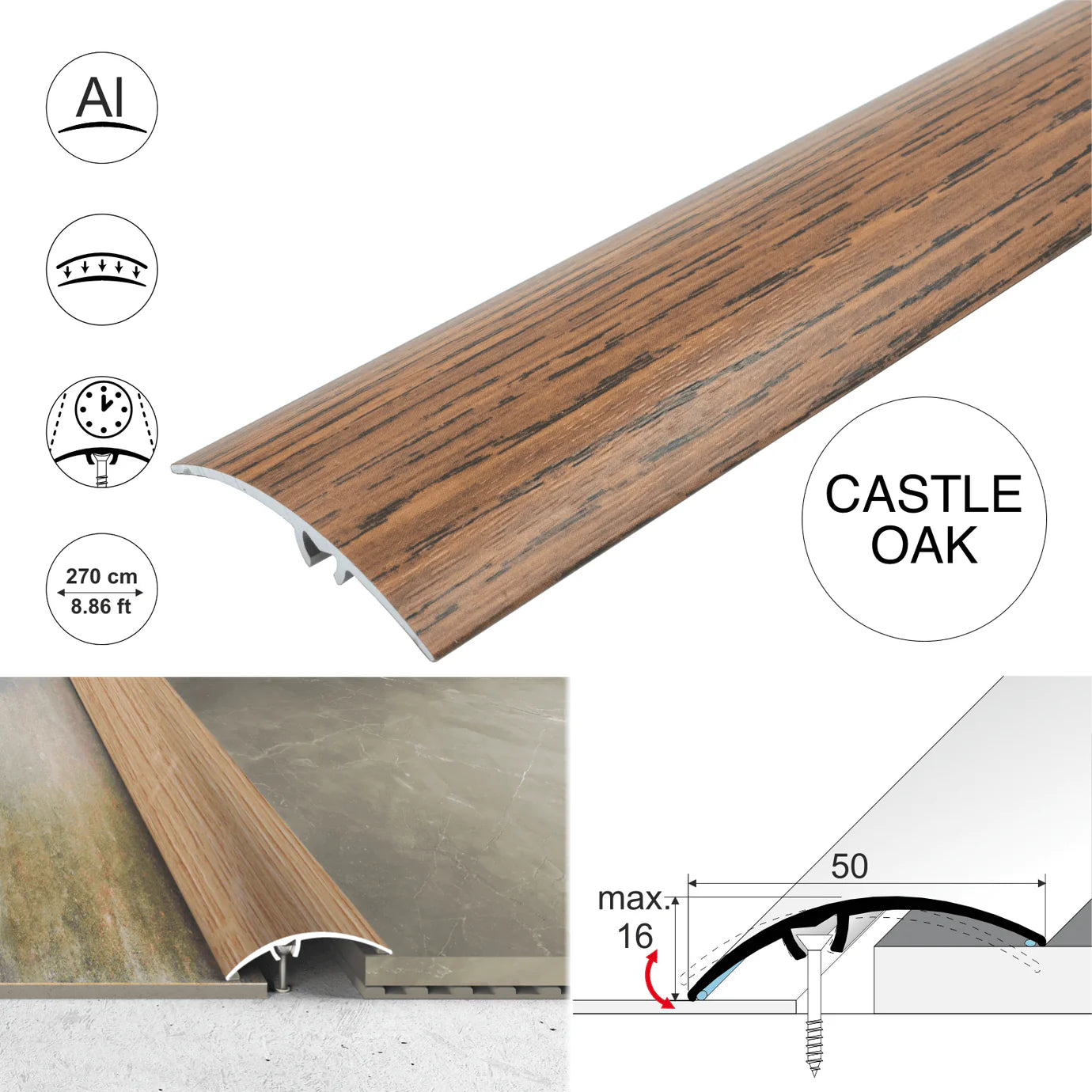 A65 50mm Heavy Duty Aluminium Wood Effect Door Threshold Strip – No Visible Screws