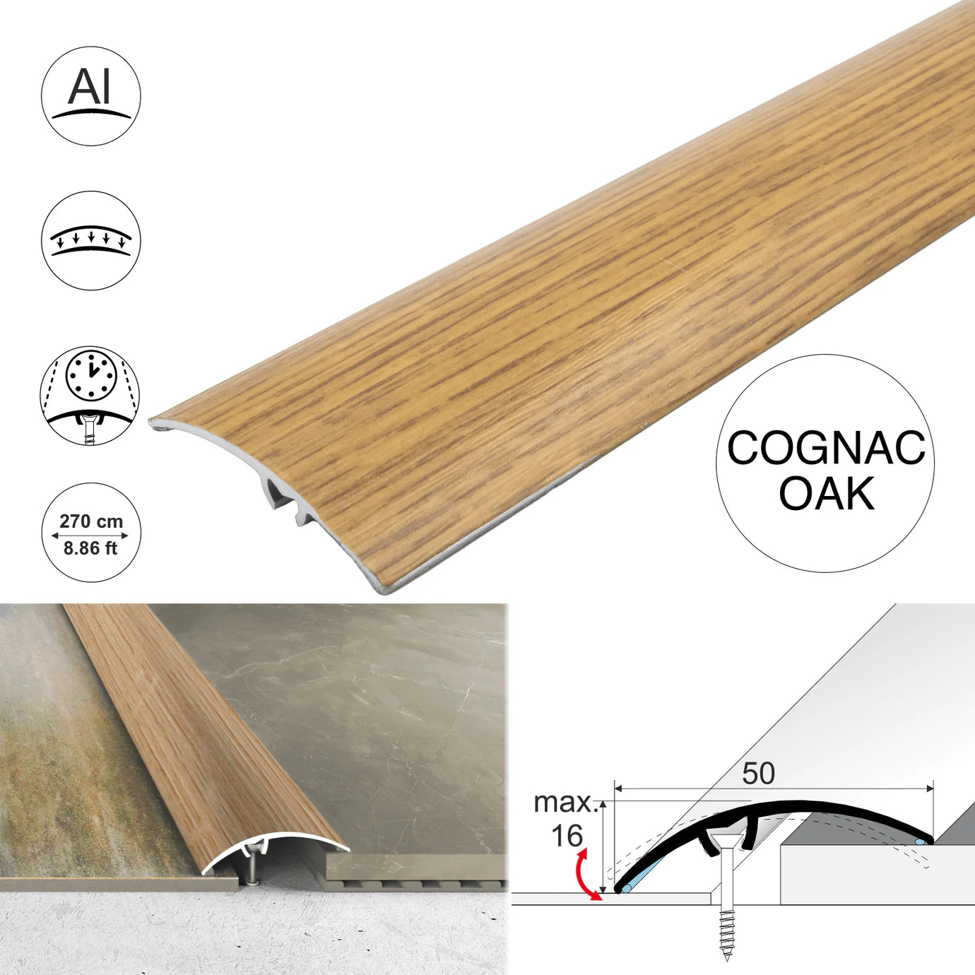 A65 50mm Heavy Duty Aluminium Wood Effect Door Threshold Strip – No Visible Screws
