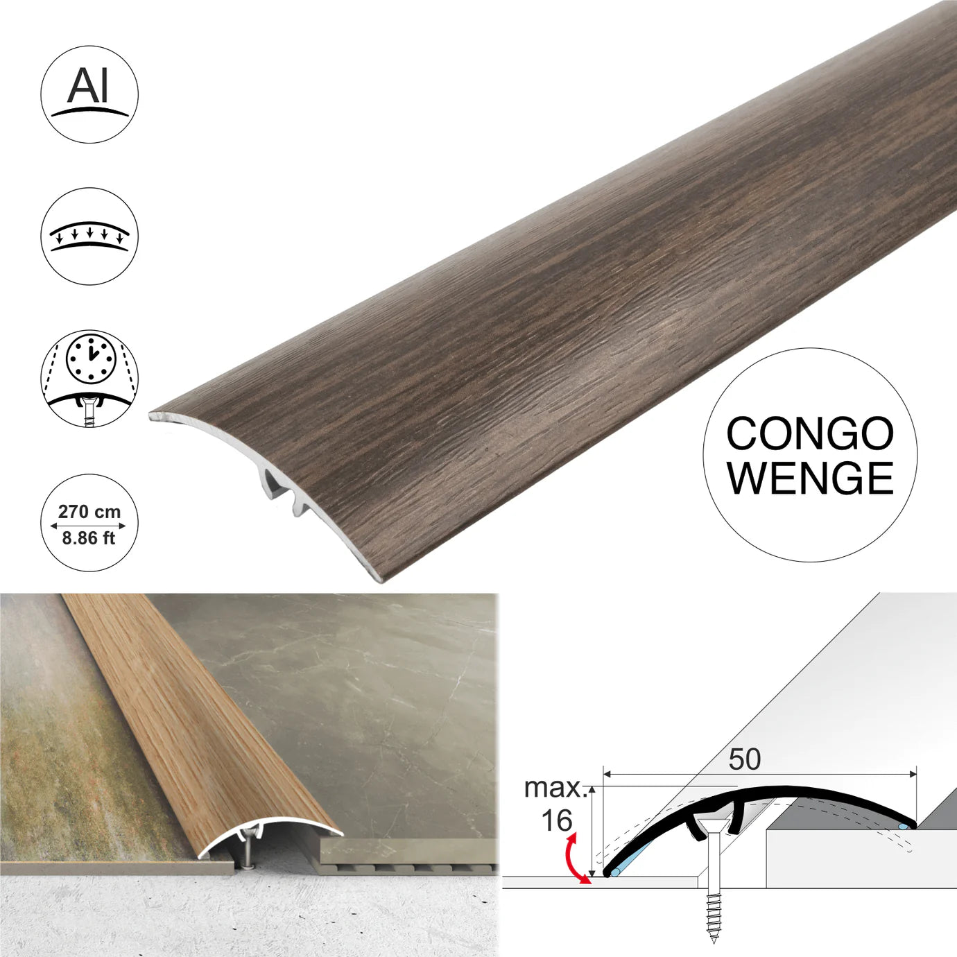A65 50mm Heavy Duty Aluminium Wood Effect Door Threshold Strip – No Visible Screws