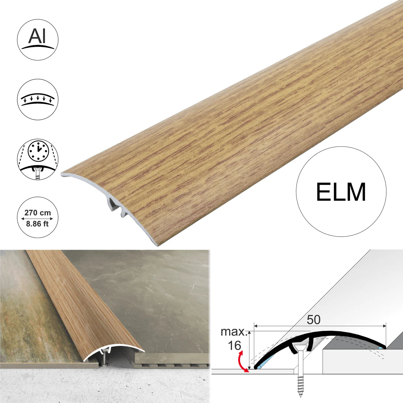 A65 50mm Heavy Duty Aluminium Wood Effect Door Threshold Strip – No Visible Screws