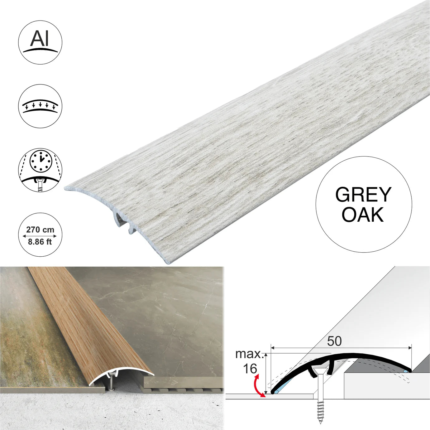 A65 50mm Heavy Duty Aluminium Wood Effect Door Threshold Strip – No Visible Screws