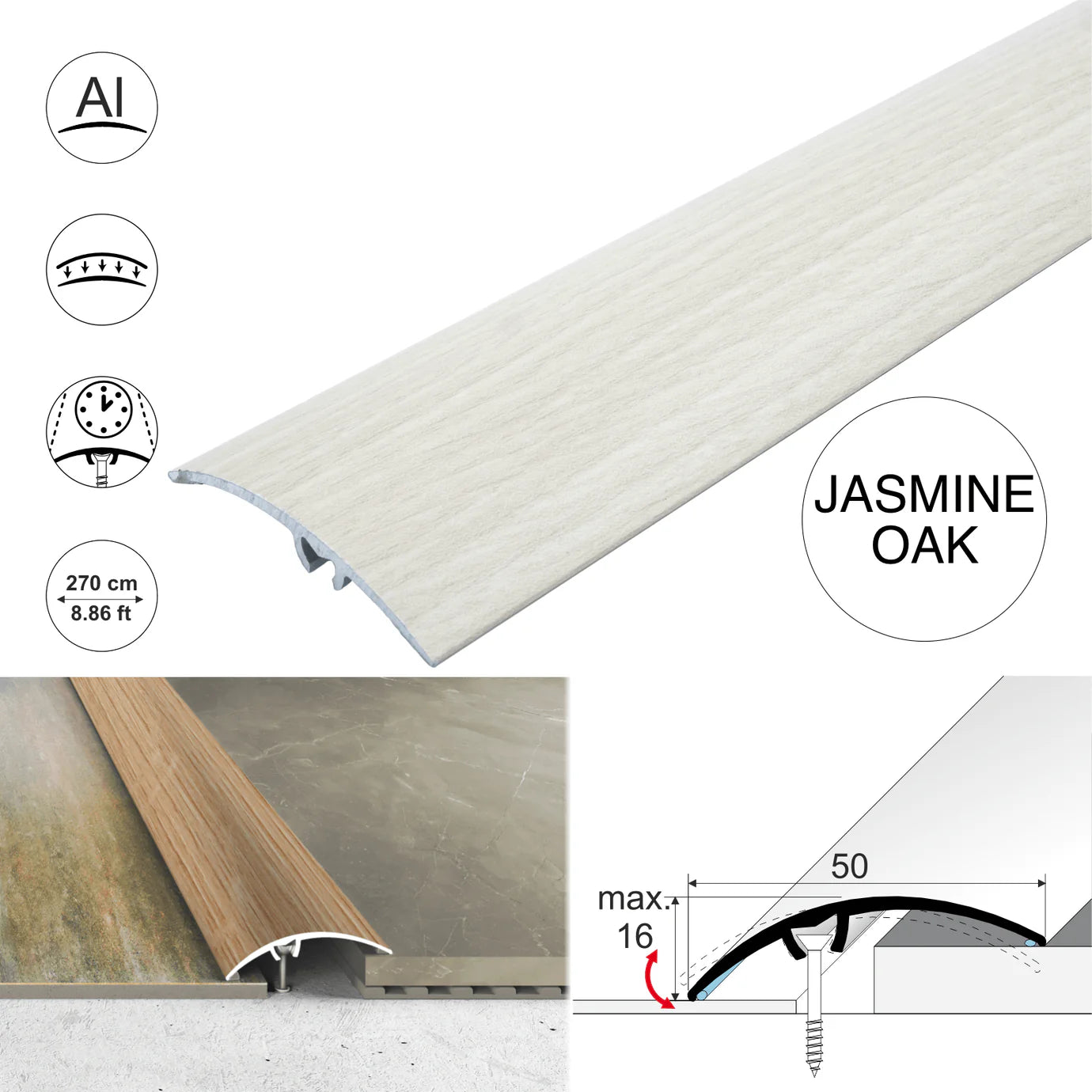A65 50mm Heavy Duty Aluminium Wood Effect Door Threshold Strip – No Visible Screws
