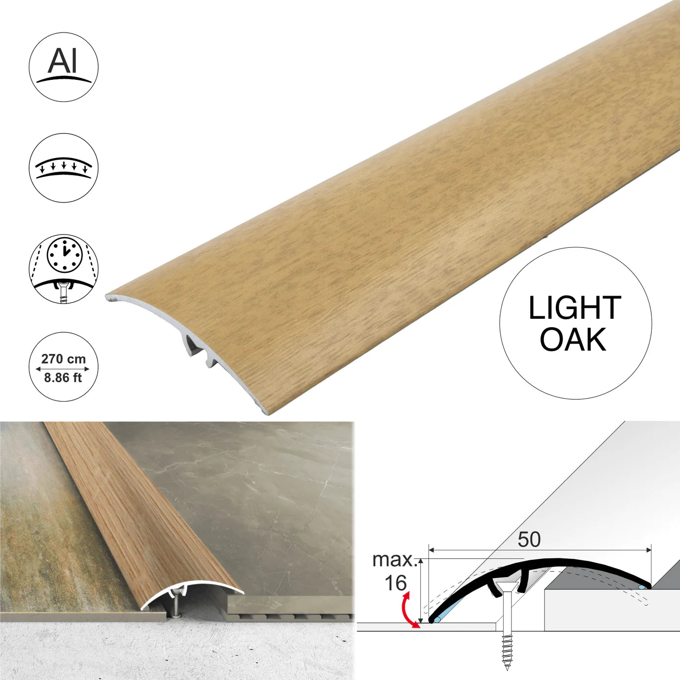 A65 50mm Heavy Duty Aluminium Wood Effect Door Threshold Strip – No Visible Screws