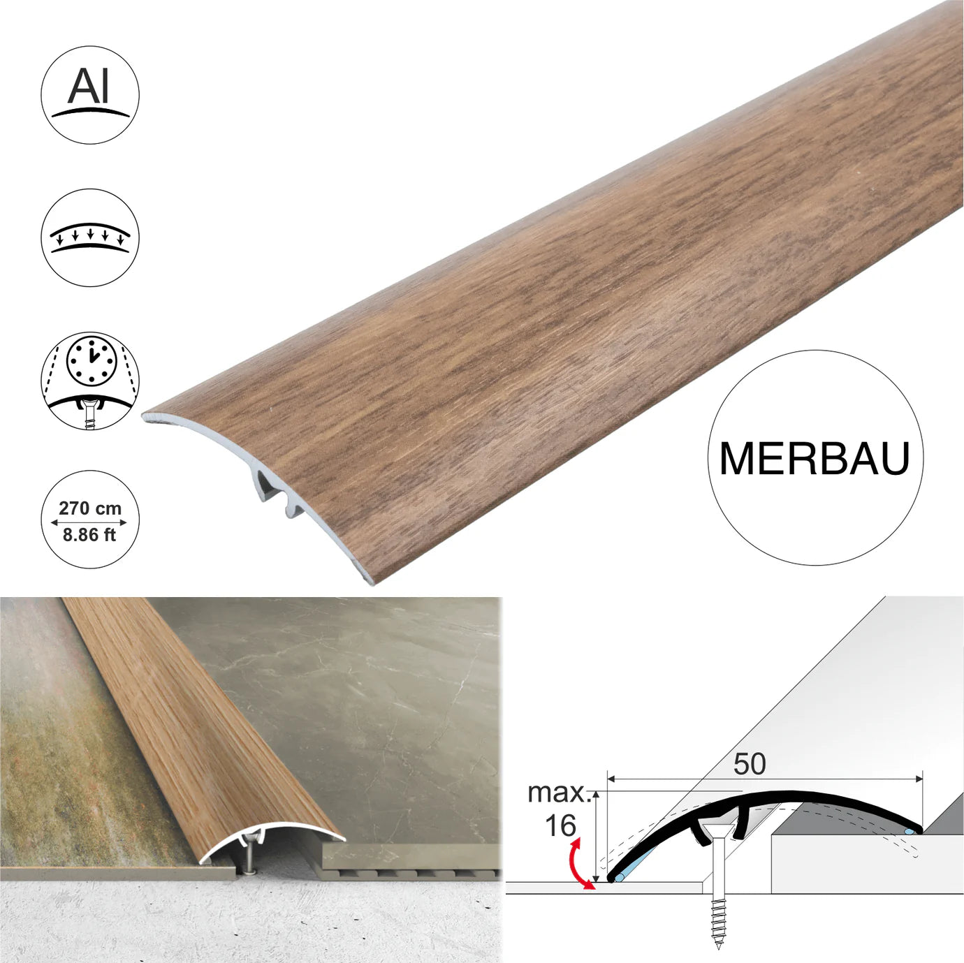 A65 50mm Heavy Duty Aluminium Wood Effect Door Threshold Strip – No Visible Screws