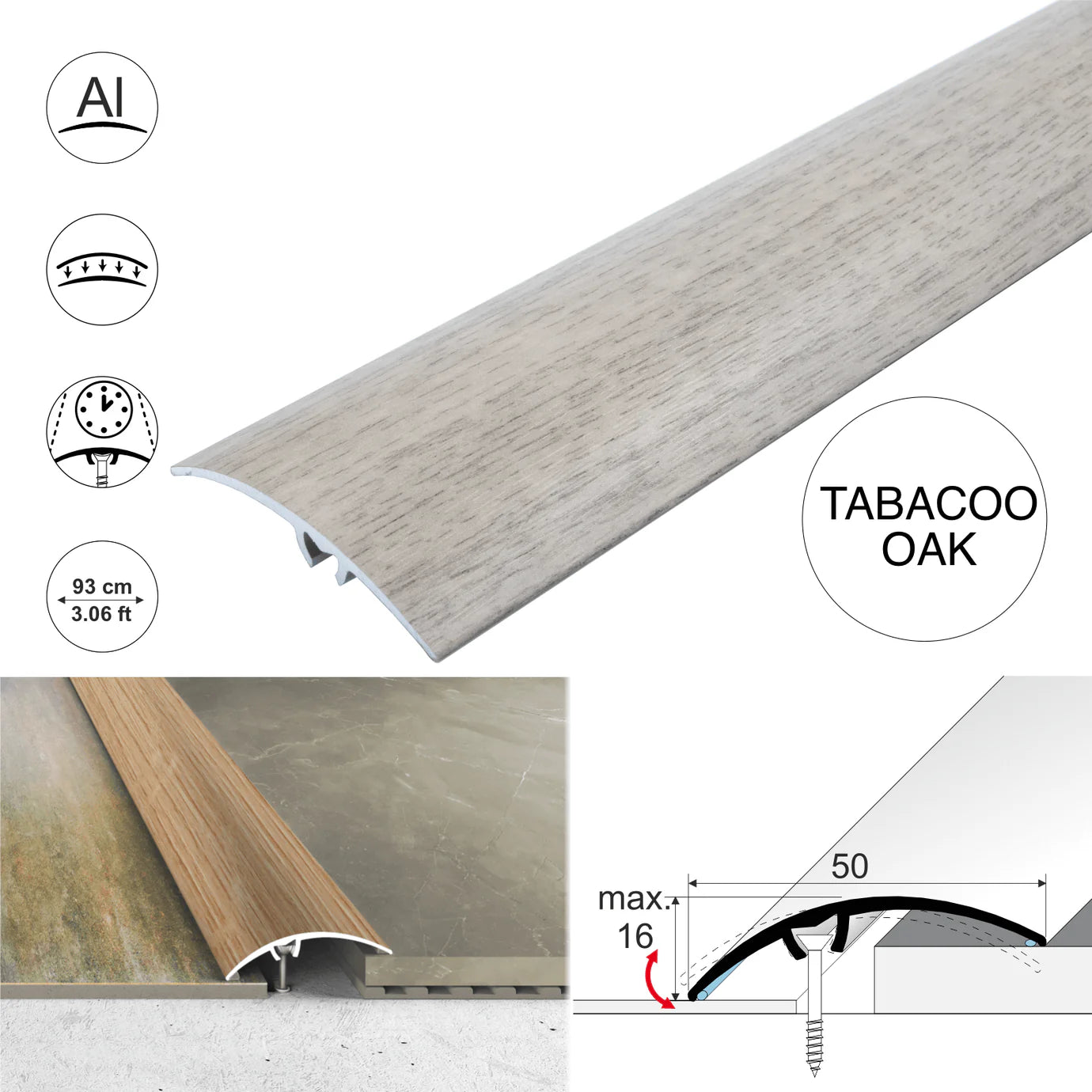A65 50mm Heavy Duty Aluminium Wood Effect Door Threshold Strip – No Visible Screws