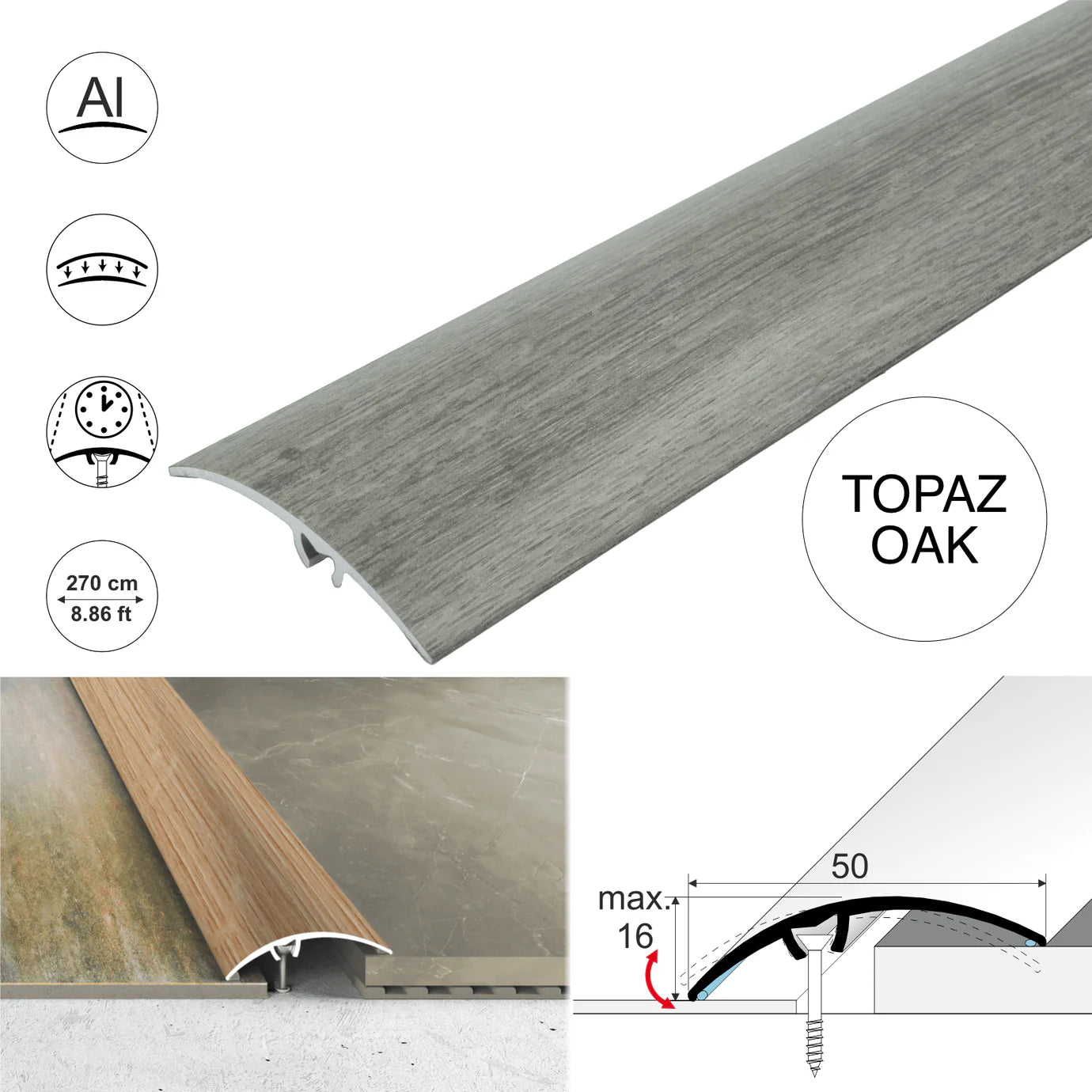 A65 50mm Heavy Duty Aluminium Wood Effect Door Threshold Strip – No Visible Screws