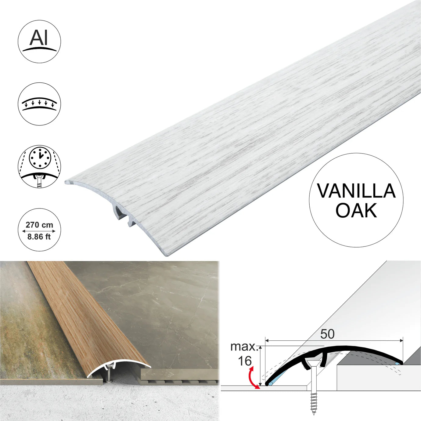 A65 50mm Heavy Duty Aluminium Wood Effect Door Threshold Strip – No Visible Screws