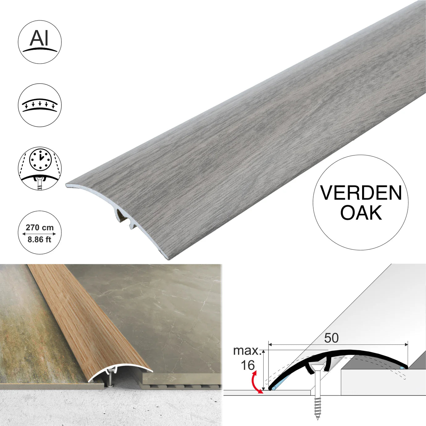 A65 50mm Heavy Duty Aluminium Wood Effect Door Threshold Strip – No Visible Screws