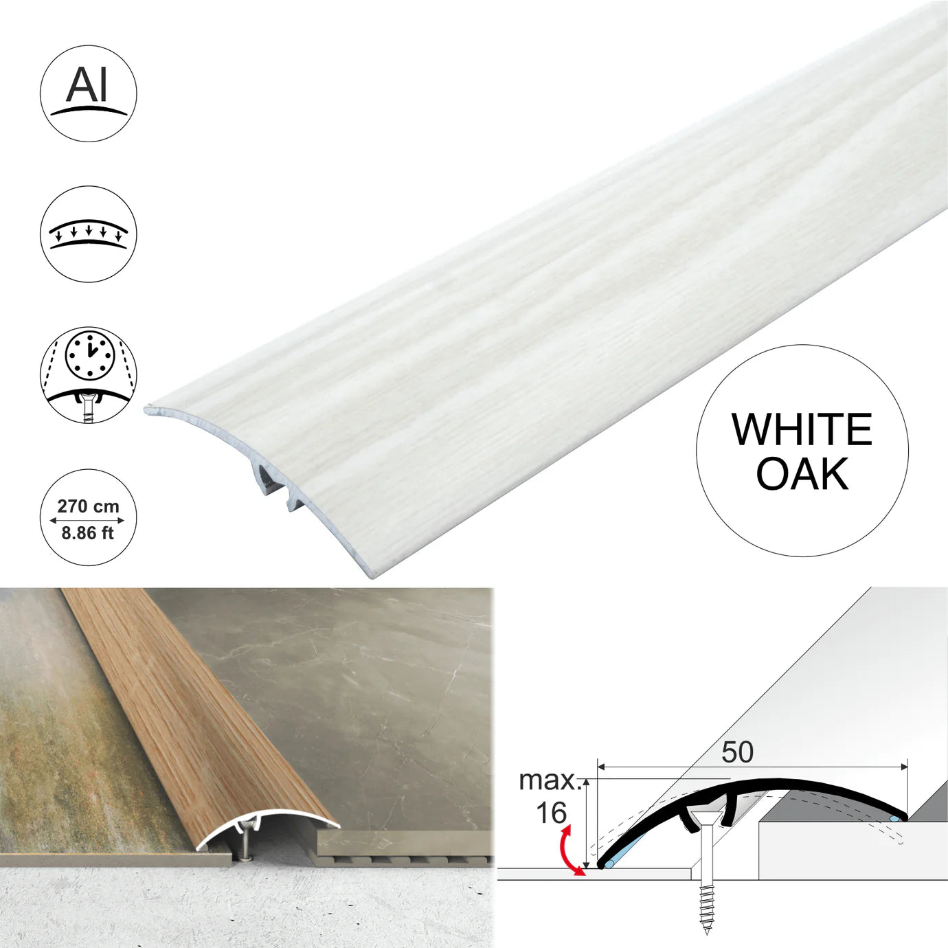 A65 50mm Heavy Duty Aluminium Wood Effect Door Threshold Strip – No Visible Screws