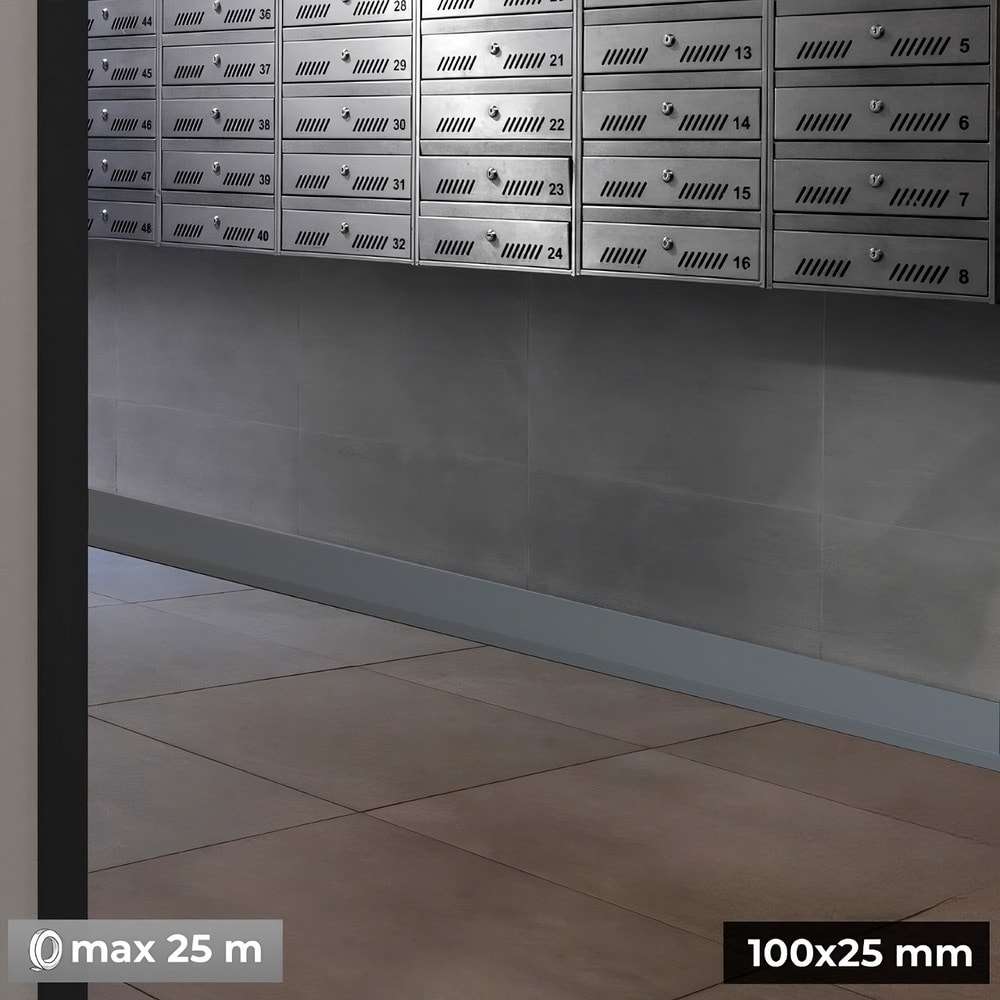 Row of mailboxes on a wall with tiled floor and measurement text overlay