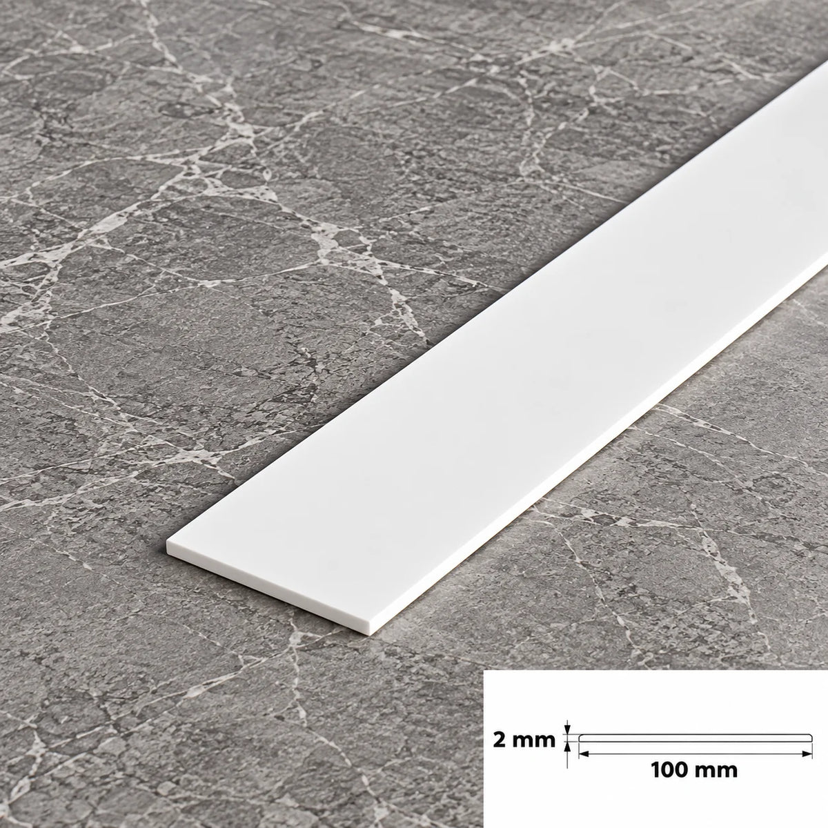White PVC Plastic Bar Strip Roll Flat Architrave Trim Various Sizes In 100 X 2 MM
