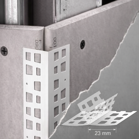 10 x 23x23 PVC universal render corner bead installed on external wall corner for clean edge finish