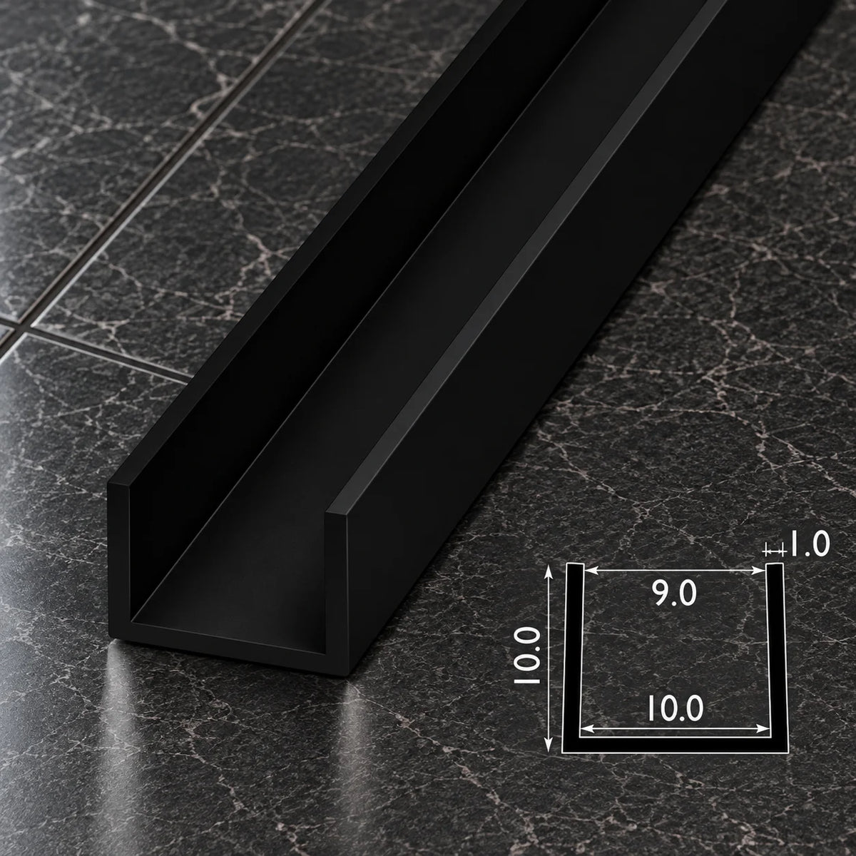 PVC U Channel Profile Edge Trim 1m | Black 39.37 Inch In 10 MM