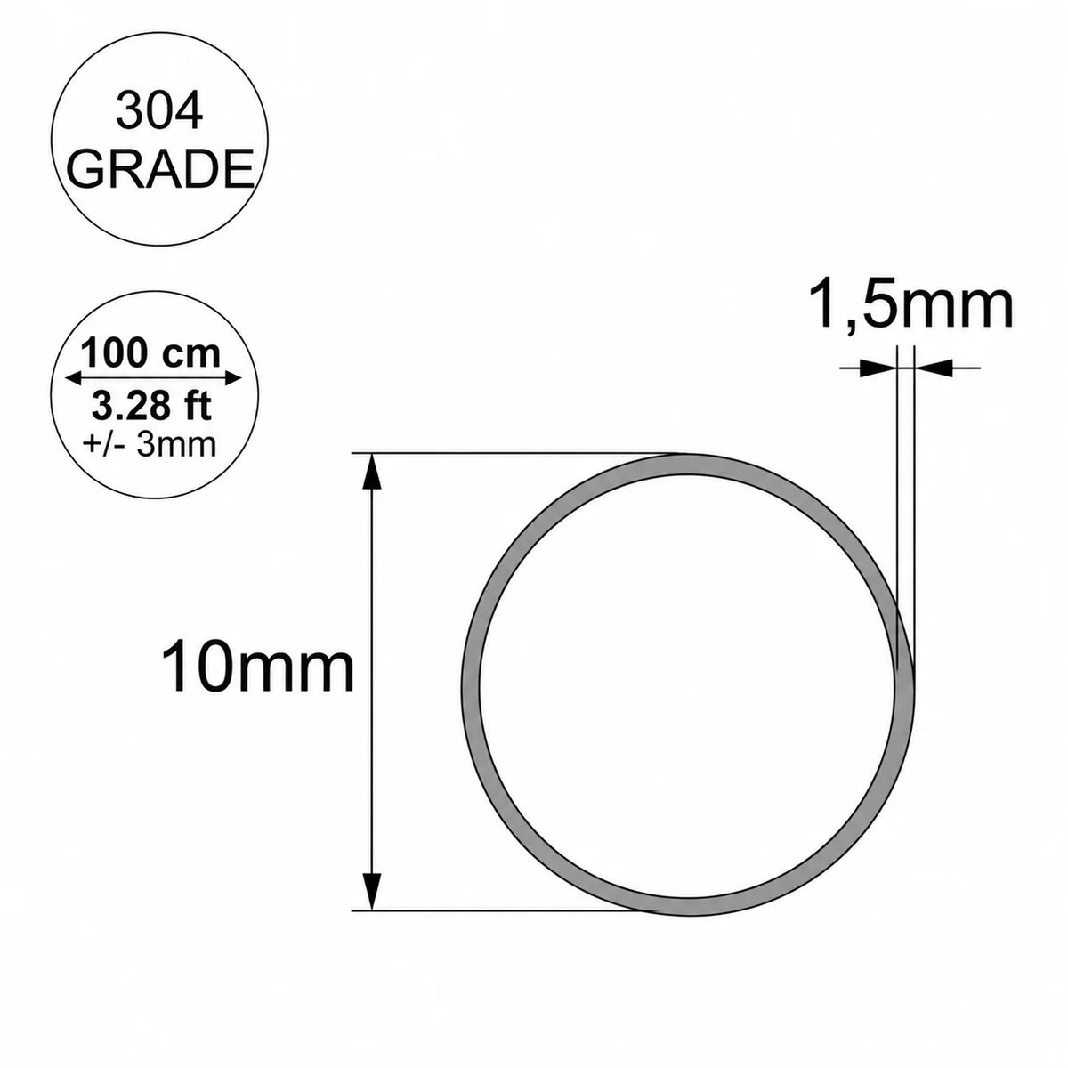 Grade 304 Stainless Steel Round Tube Pipe – 6mm to 40mm 10mm Diagram