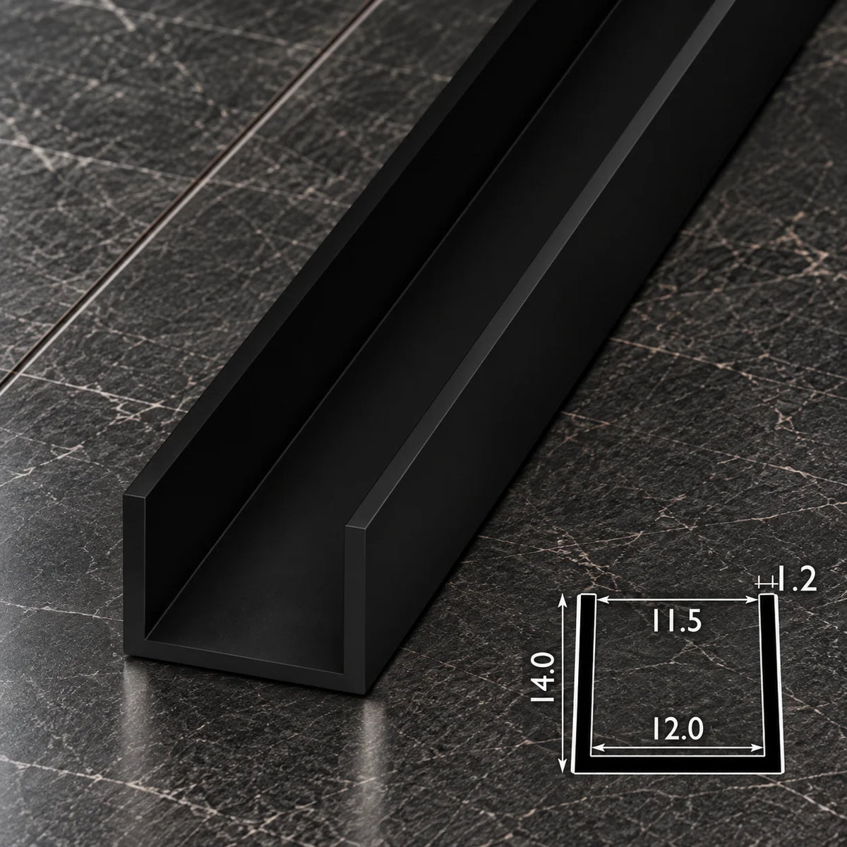 PVC U Channel Profile Edge Trim 1m | Black 39.37 Inch In 12 MM