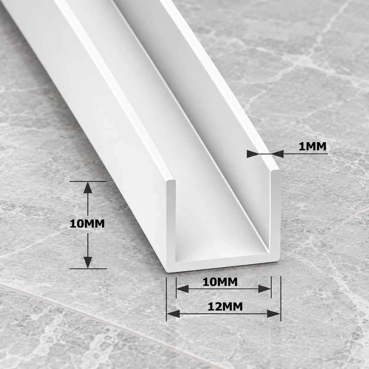White PVC U Channel Profile Edge Trim 1m  In Multiple Sizes In 12 MM