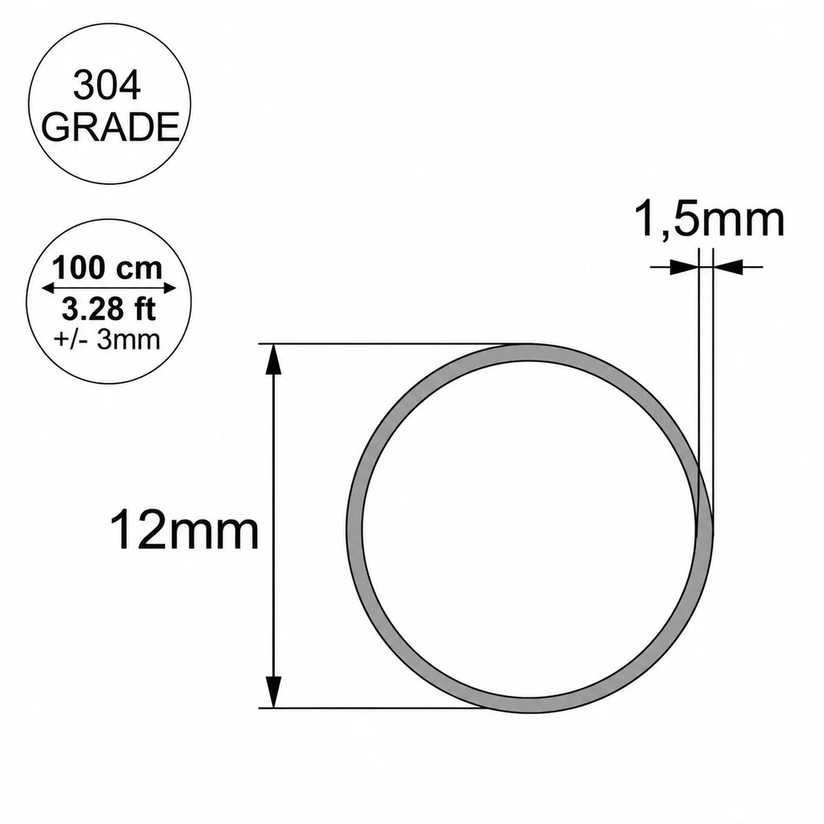 Grade 304 Stainless Steel Round Tube Pipe – 6mm to 40mm 12mm Diagram