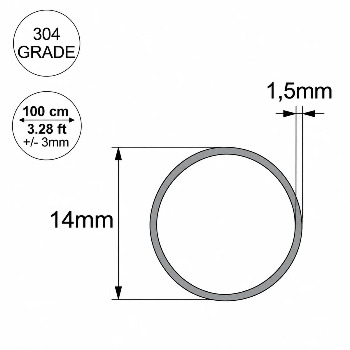 Grade 304 Stainless Steel Round Tube Pipe – 6mm to 40mm 14mm Diagram