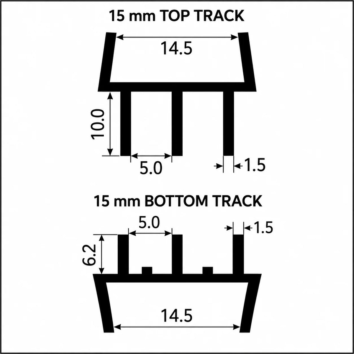 Clip-On Vivarium Top & Bottom Runners for 4mm Glass, 15/18mm Board 15mm Diagram