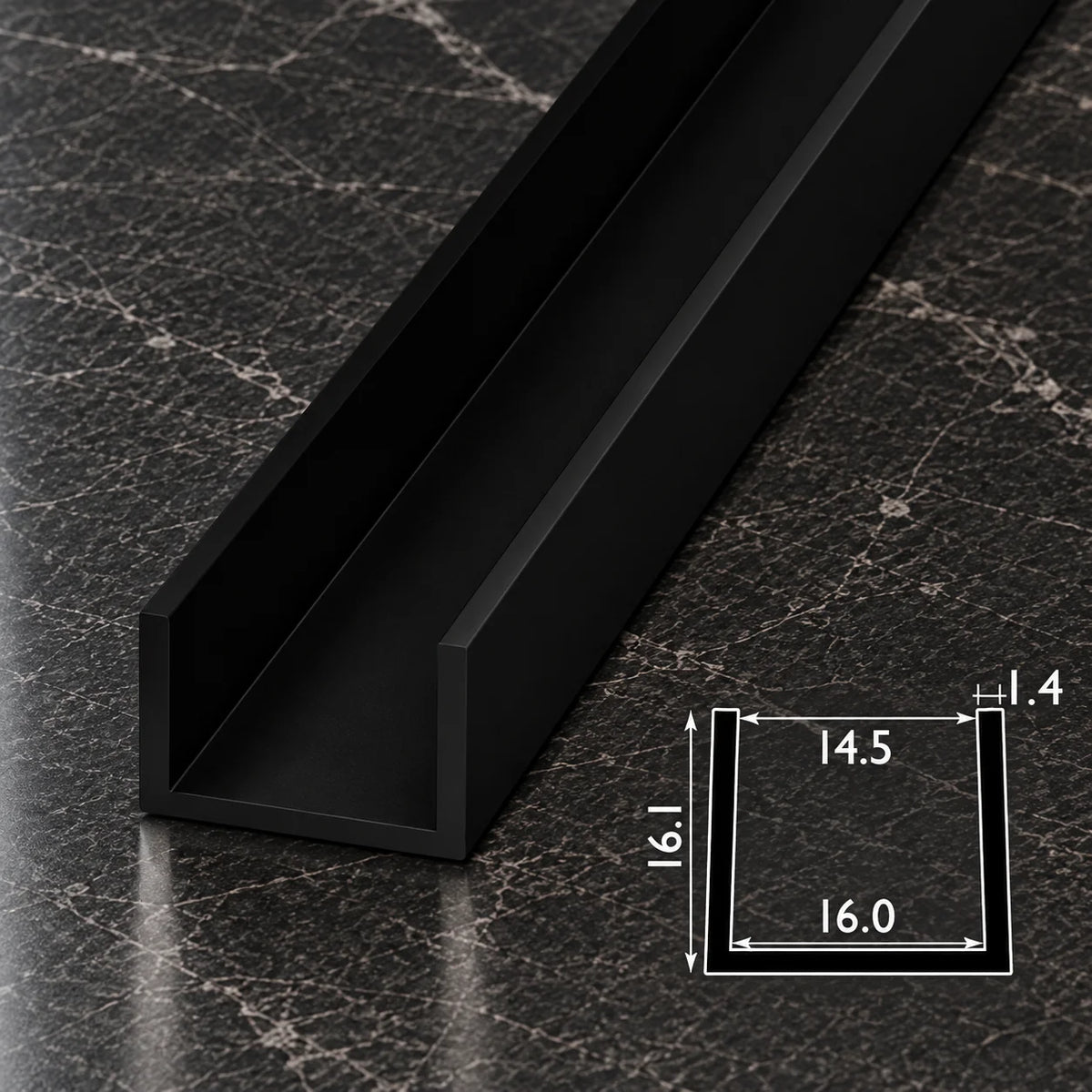 PVC U Channel Profile Edge Trim 1m | Black 39.37 Inch In 16 MM
