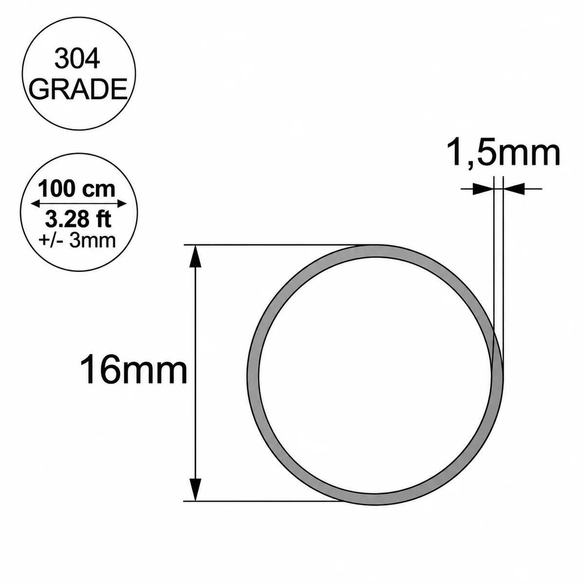 Grade 304 Stainless Steel Round Tube Pipe – 6mm to 40mm 16mm Diagram