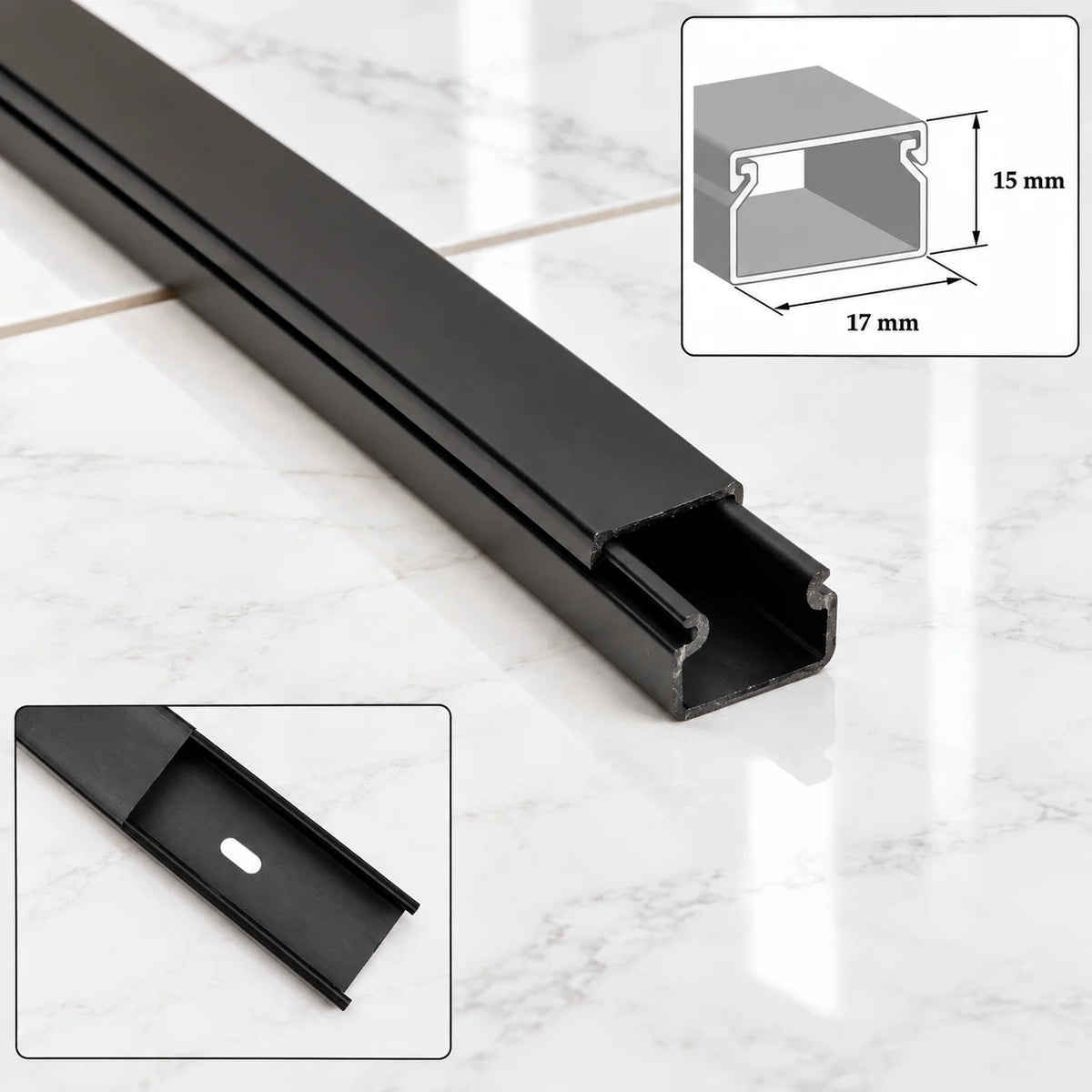 Black PVC Cable Trunking Screw Fix Wire Cover – 1m & 2m Length 17 MM X 15 MM