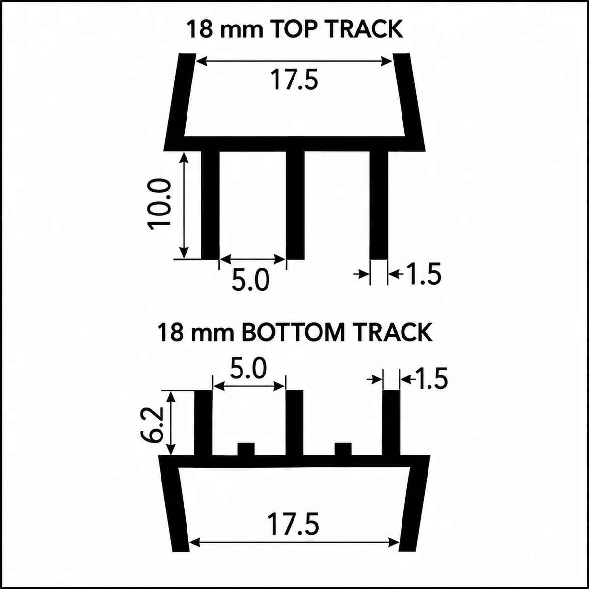 Clip-On Vivarium Top & Bottom Runners for 4mm Glass, 15/18mm Board 18mm Diagram