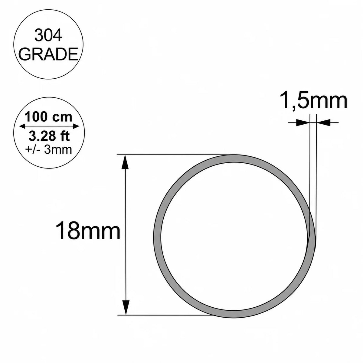 Grade 304 Stainless Steel Round Tube Pipe – 6mm to 40mm 18mm Diagram