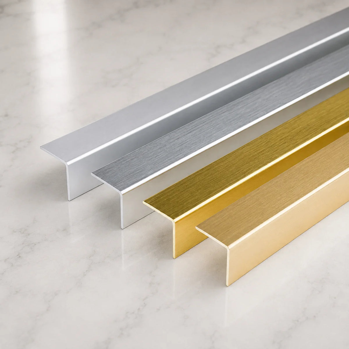 Equal & Unequal Gold & Silver Brushed Finish PVC Plastic Corner Angle Trim Profiles 90° All Colors