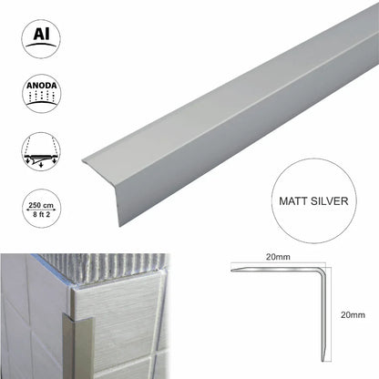 Aluminium Retro-Fit Tile Trim Angle Edge Protector Cladding Corner Trim 20x20mm