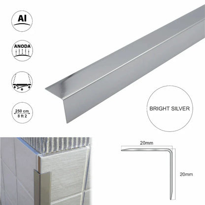 Aluminium Retro-Fit Tile Trim Angle Edge Protector Cladding Corner Trim 20x20mm