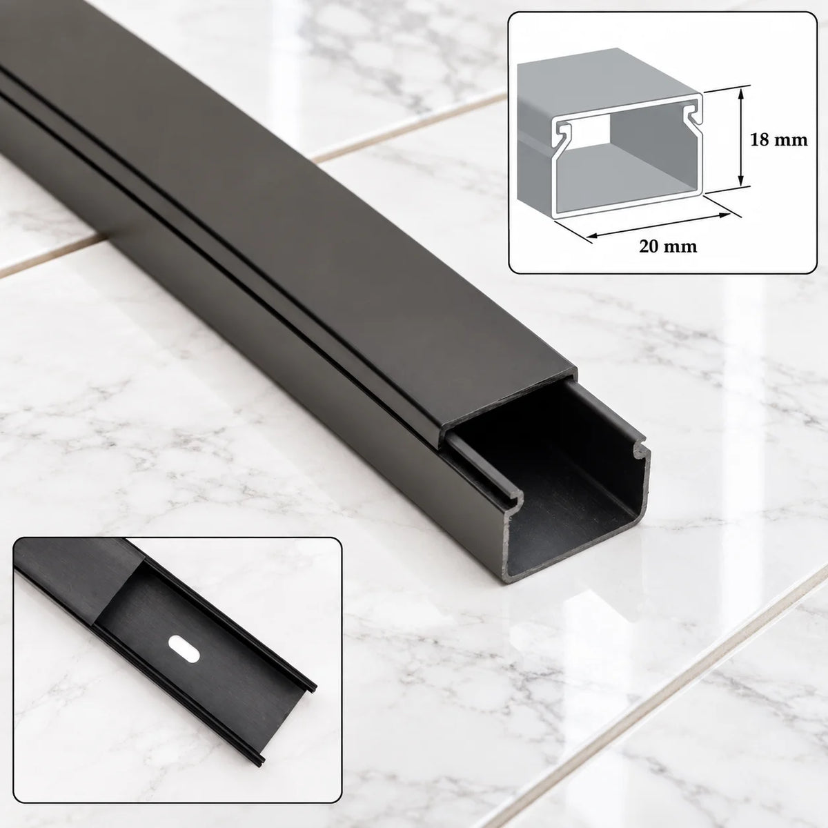 Black PVC Cable Trunking Screw Fix Wire Cover – 1m & 2m Length 20 MM X 18 MM
