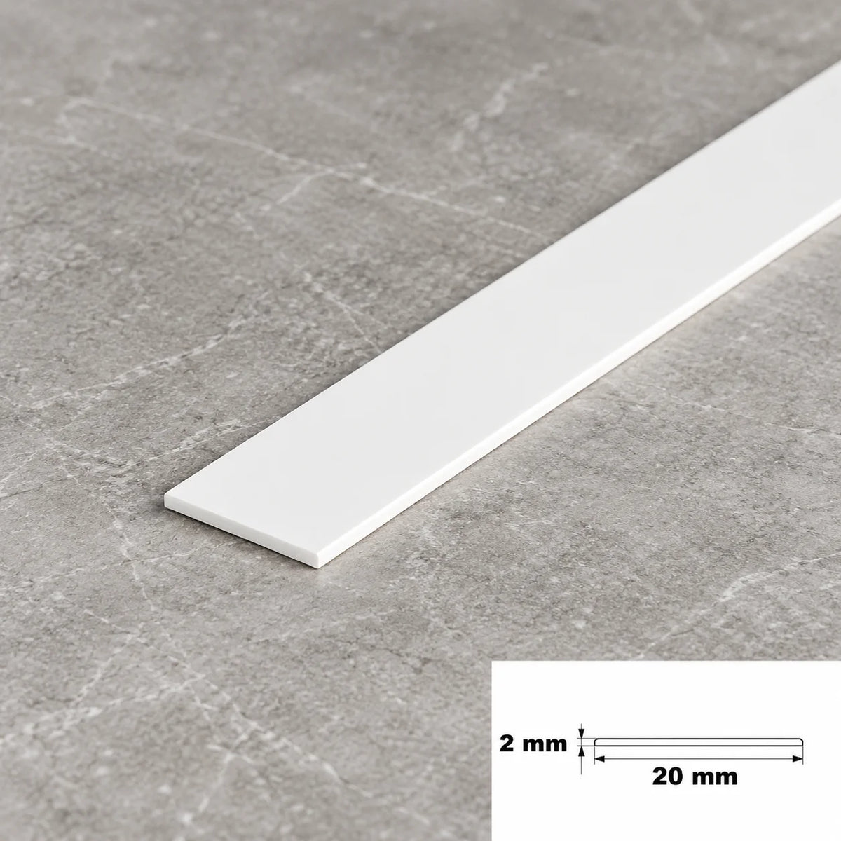 White PVC Plastic Bar Strip Roll Flat Architrave Trim Various Sizes In 20 X 2 MM