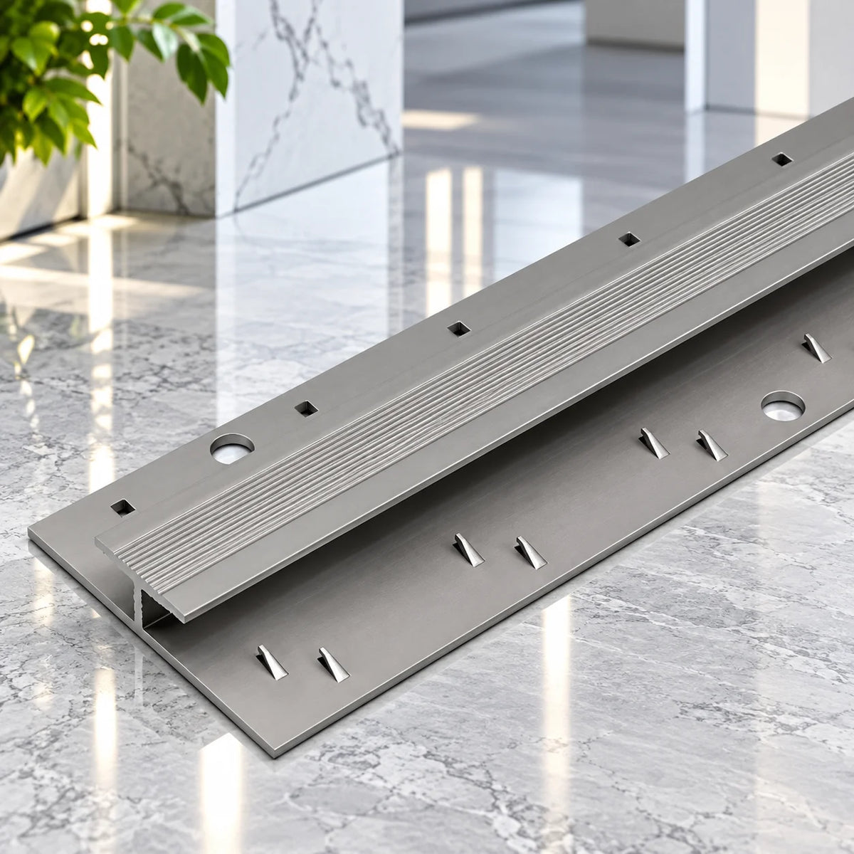Aluminium 20mm twin grip carpet joining profile designed to hold carpet edges firmly on both sides