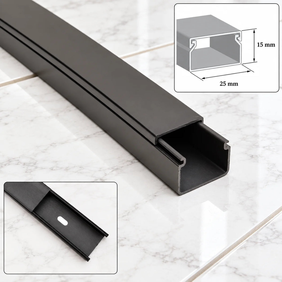Black PVC Cable Trunking Screw Fix Wire Cover – 1m & 2m Length 25 MM X 15 MM