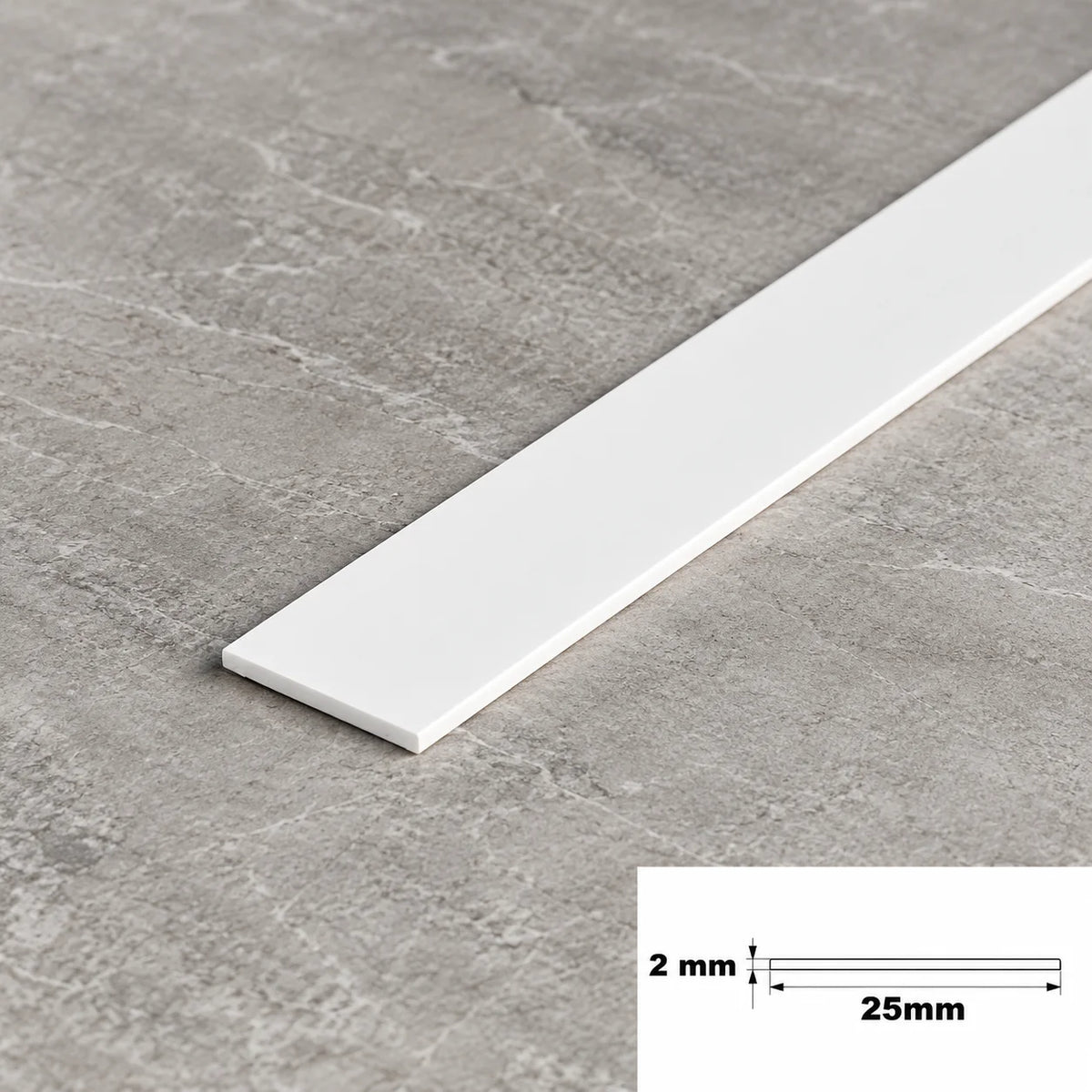 White PVC Plastic Bar Strip Roll Flat Architrave Trim Various Sizes In 25 X 2 MM