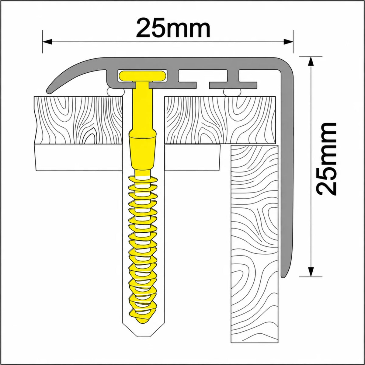 D-K0300 25x25mm Wood Effect PVC Stair Nosing Diagram