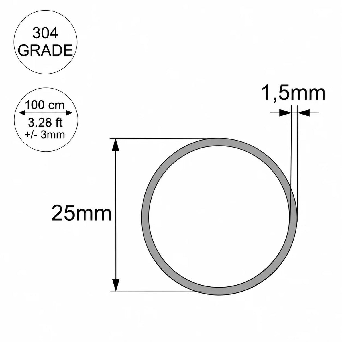 Grade 304 Stainless Steel Round Tube Pipe – 6mm to 40mm 25mm Diagram