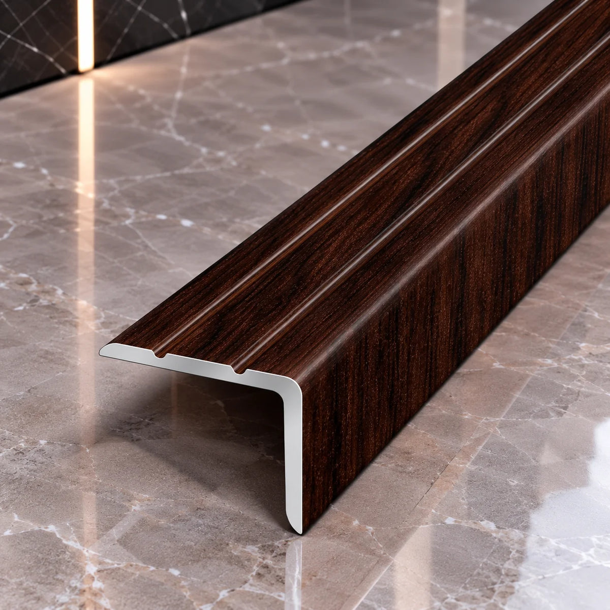 Self-Adhesive Aluminium Stair Edge Trim 25x20mm Wood Effect in African Ebony Color
